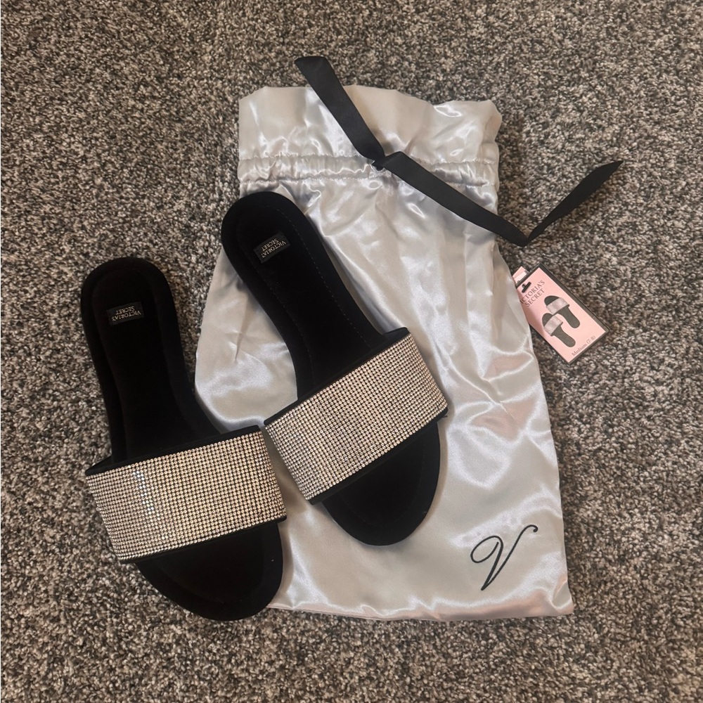 Victoria's Secret Black PJ Slipper Slides with Silver Rhinestone Straps